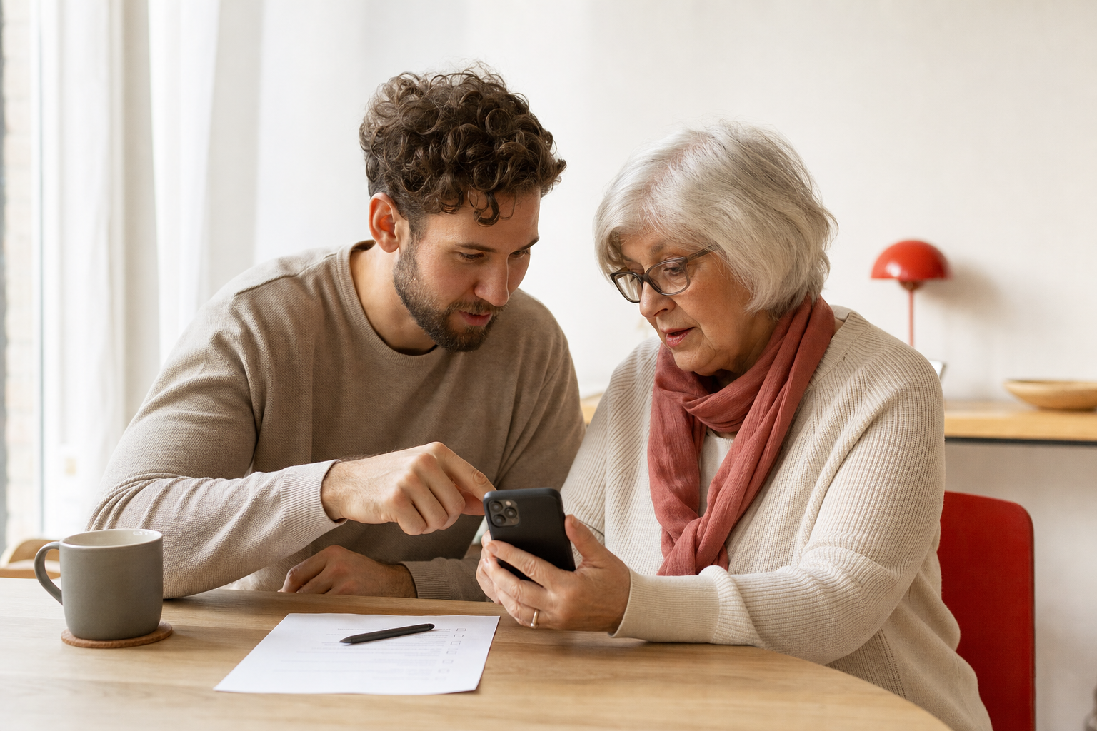 Jonge man helpt een oudere vrouw stap voor stap op haar smartphone