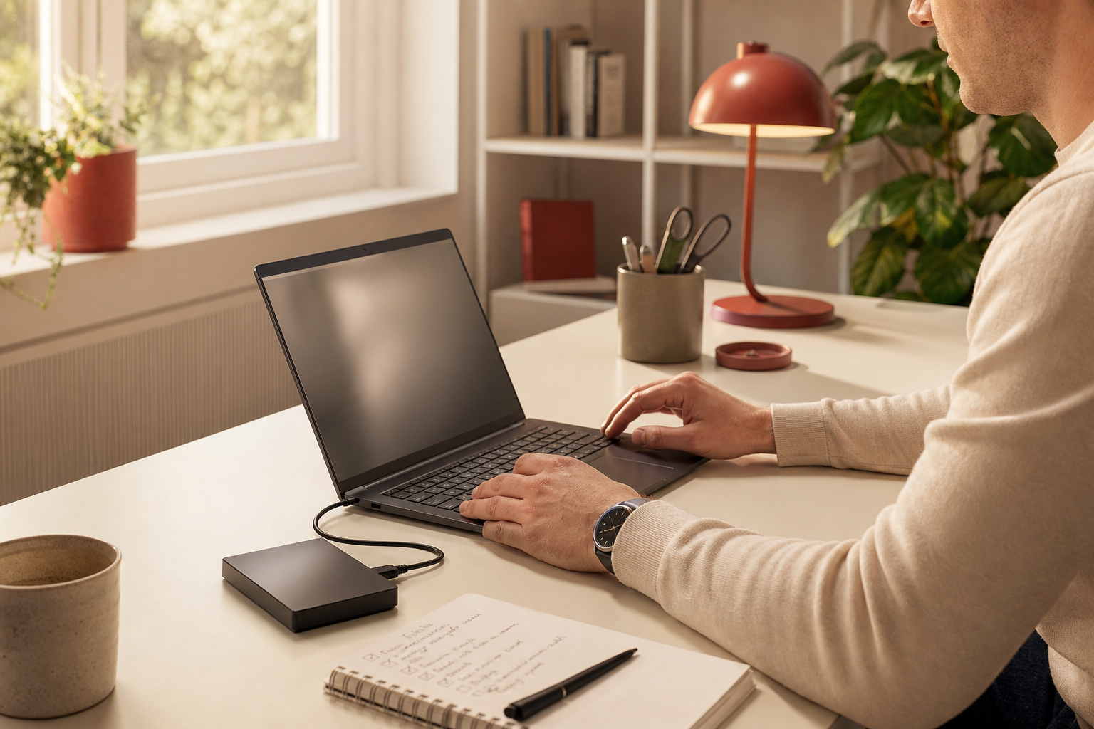 Persoon werkt aan een opgeruimd bureau met laptop, notitieboek en externe schijf