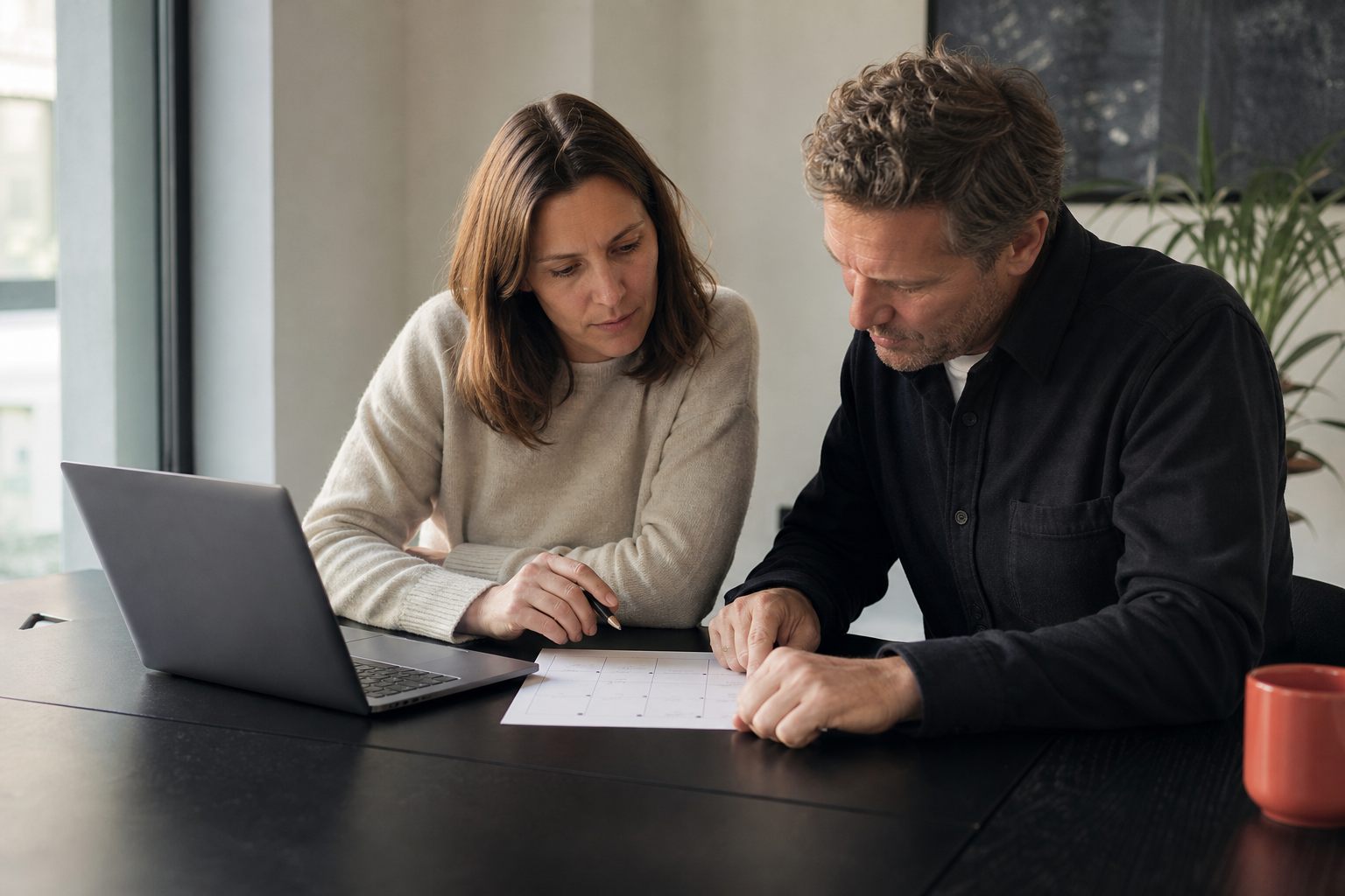 Twee collega’s bespreken samen een planning naast een open laptop
