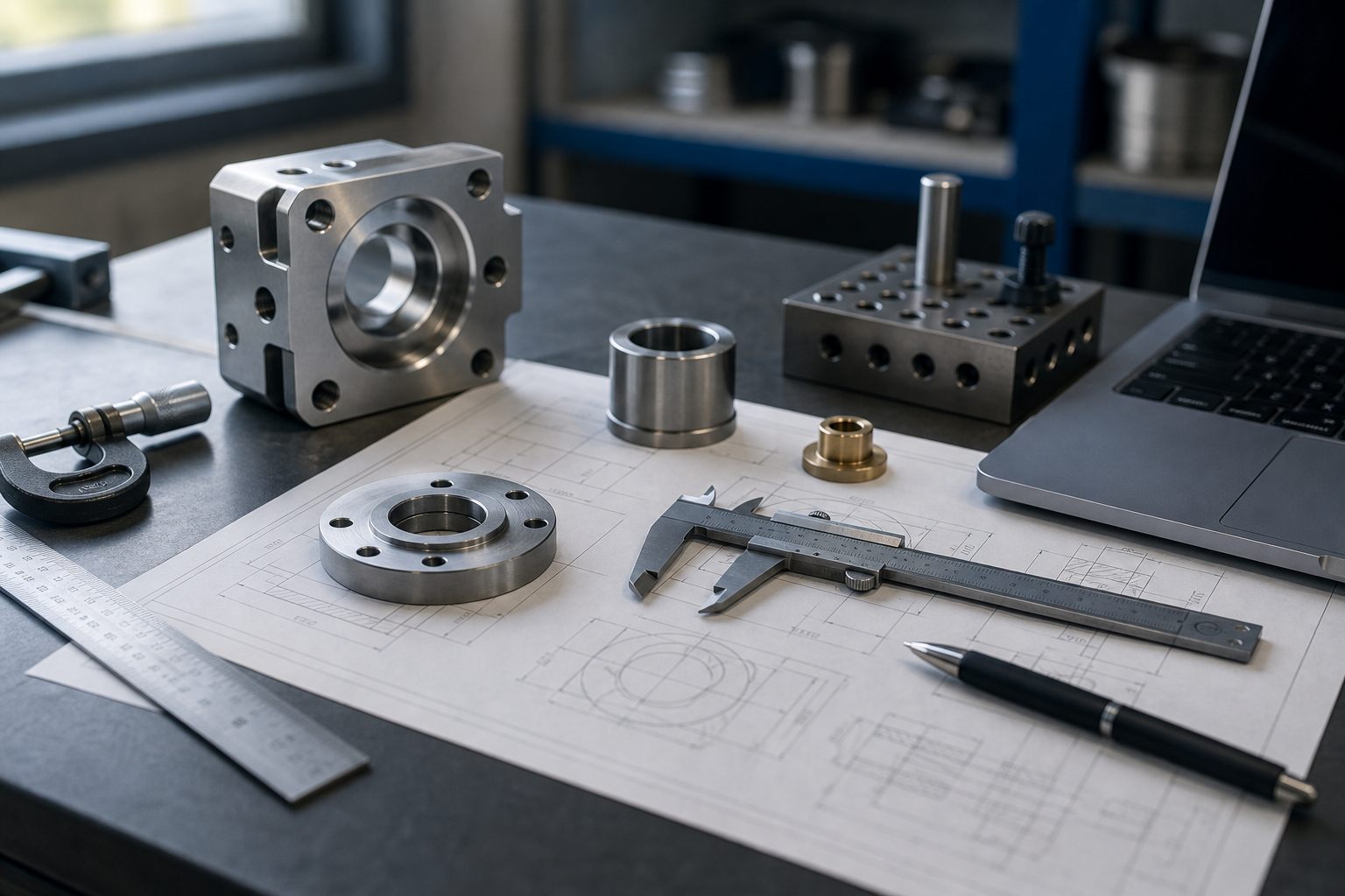 Metalen onderdelen, meetgereedschap en een laptop op een technische tekening