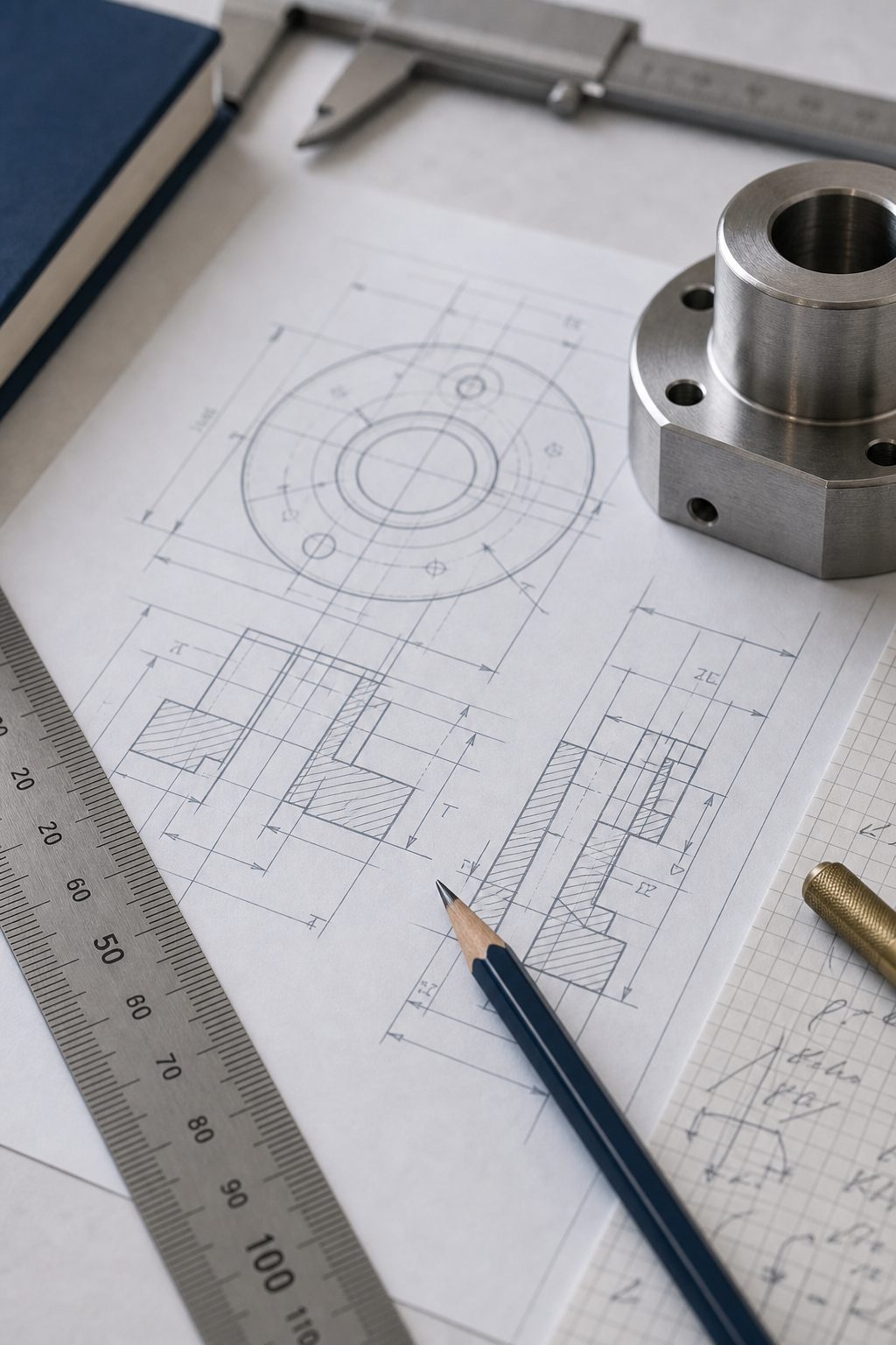 Technische tekening met metalen onderdeel, liniaal, potlood en notitieboek